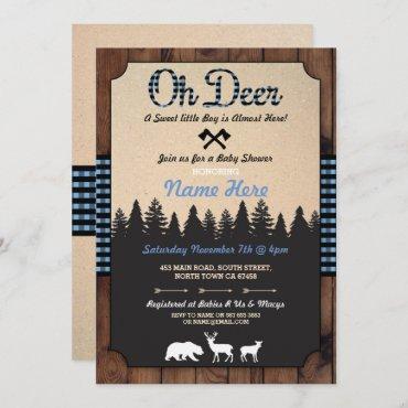 Oh Deer Lumberjack Blue Baby Shower Boy Invitation
