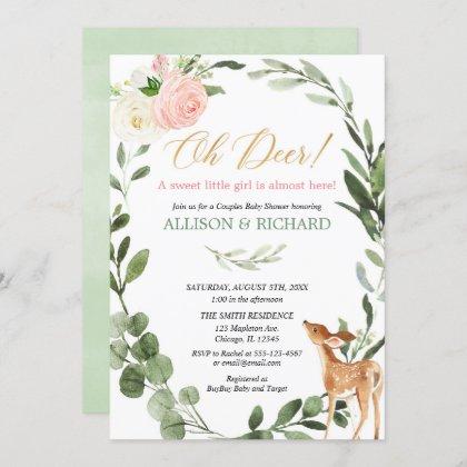 Oh deer pink gold couples girl baby shower invitation