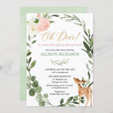 Oh deer pink gold eucalyptus girl baby shower invitation