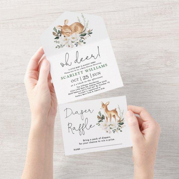 Oh Deer | Sweet White Floral Greenery Baby Shower All In One