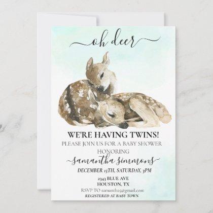 Oh Deer Watercolor Baby Shower Twins   Invitation