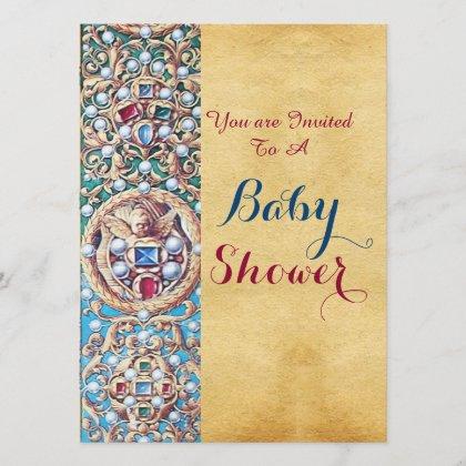 OLD PARCHMENT GEMSTONES,PEARLS,ANGELS Baby Shower Invitation