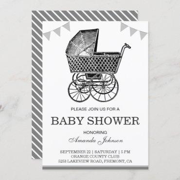 Old Vintage Stroller Black and White Baby Shower Invitation