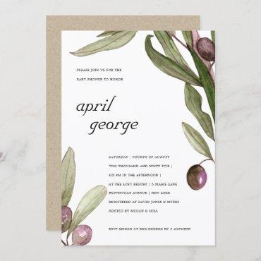 OLIVE WATERCOLOR FOLIAGE BABY SHOWER INVITE