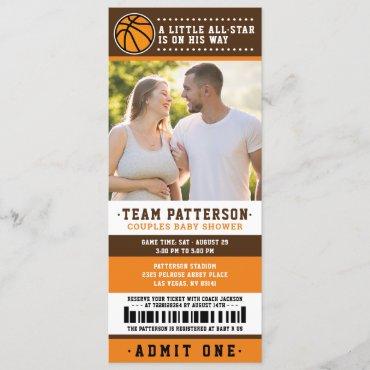 Orange Basketball Ticket Couples Baby Shower Photo Invitation