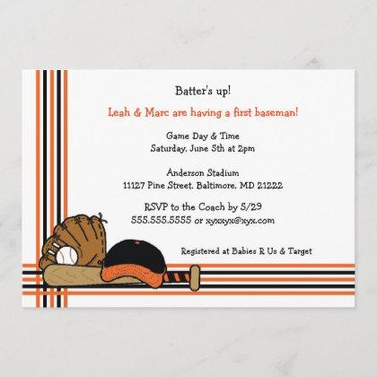 Orange & Black Baseball Baby Shower Birthday party Invitation