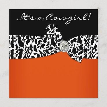 Orange Black Cow Print Cowgirl Baby Shower Invitation