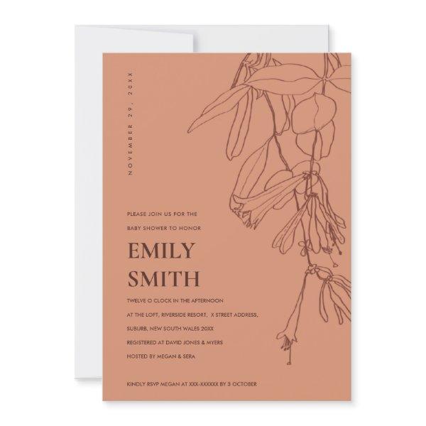 ORANGE RUST LINE DRAWING FLORAL BABY SHOWER CARD