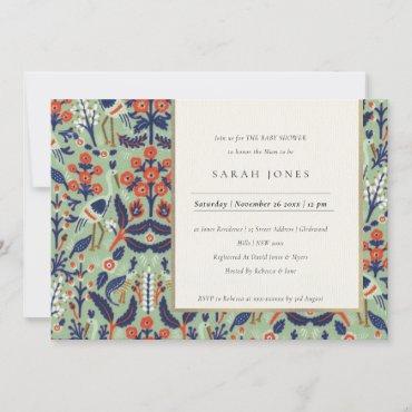 Ornate Teal Navy Floral Peacock Baby Shower Invite