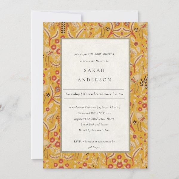Ornate Yellow Floral Peacock Baby Shower Invite