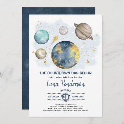 Outer Space Boy Baby Shower Moon Stars Galaxy Navy
