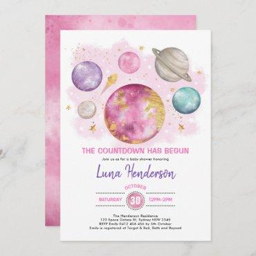 Outer Space Girl Baby Shower Moon Stars Galaxy Invitation