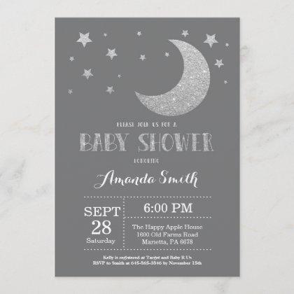 Over the Moon Baby Shower Invite Silver Glitter