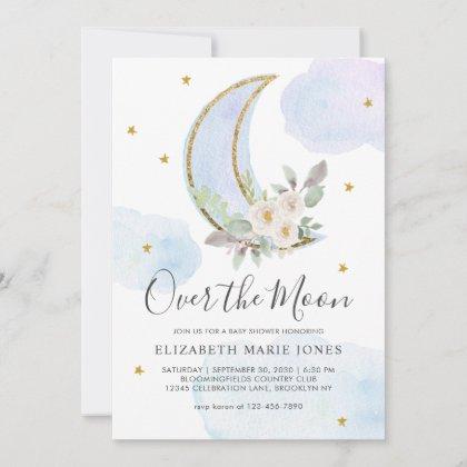Over the Moon Blue Gold Floral Boy Baby Shower Invitation