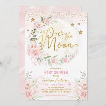 Over the Moon | Blush Pink Gold Girl Baby Shower Invitation