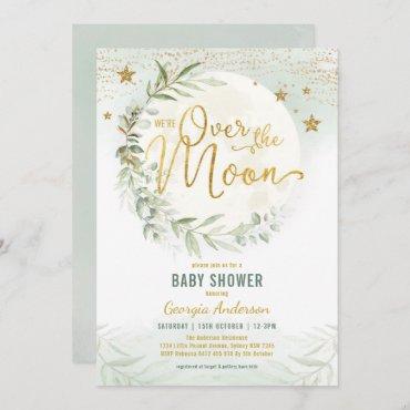 Over the Moon | Dreamy Greenery Gold Baby Shower Invitation