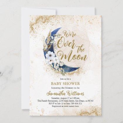Over the Moon Gold and blue boy Baby Shower