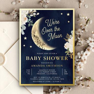 Over the Moon Ivory Floral Navy Baby Shower Gold Foil