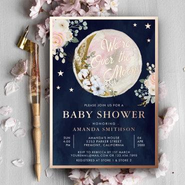 Over The Moon Navy Blue Baby Shower Pink Rose Gold Foil