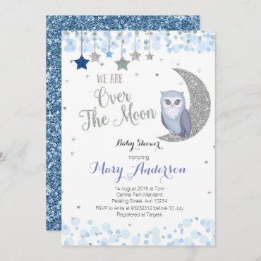 Over the Moon Owl Baby Shower Invitation Blue