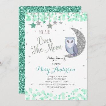 Over the Moon Owl Baby Shower Mint Green Invitation