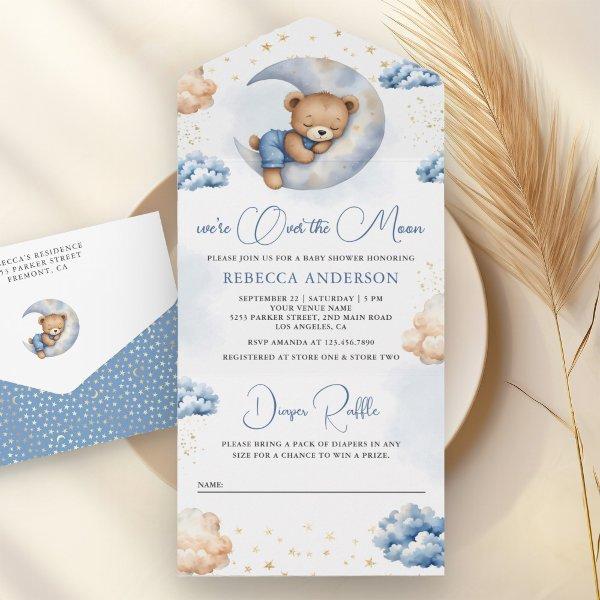Over the Moon Sleeping Teddy Bear Blue Baby Shower All In One
