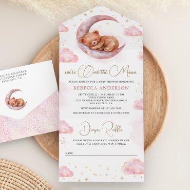 Over the Moon Sleeping Teddy Bear Pink Baby Shower All In One