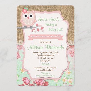 Owl baby shower invitation burlap lace mint pink