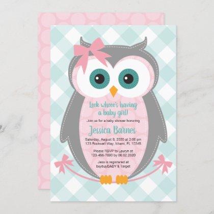 Owl baby shower invitation girl pink gray mint
