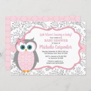 owl baby shower invitation girl pink gray woodland