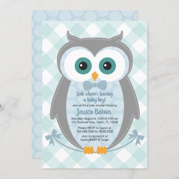 Owl baby shower invitation woodland boy blue gray