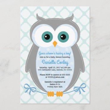 Owl baby shower invitations boys blue gray mint