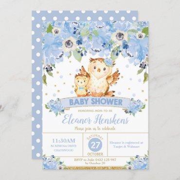 Owl Floral Baby Shower Blue Flowers Baby Boy Invitation