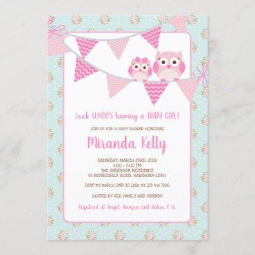 Owl Girl Baby Shower Invitation, Shabby Chic Invitation