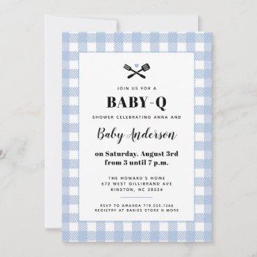 Pale Blue Gingham Plaid Baby Shower BBQ Invitation