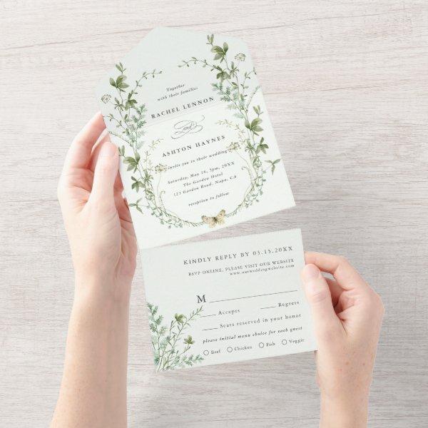 Pale Green Elegant Watercolor Wildflower Wedding All In One