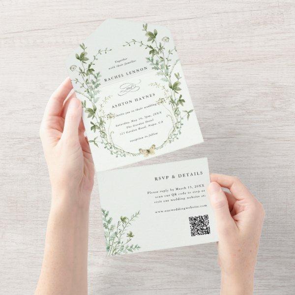 Pale Green Elegant Wildflower QR Code Wedding All In One