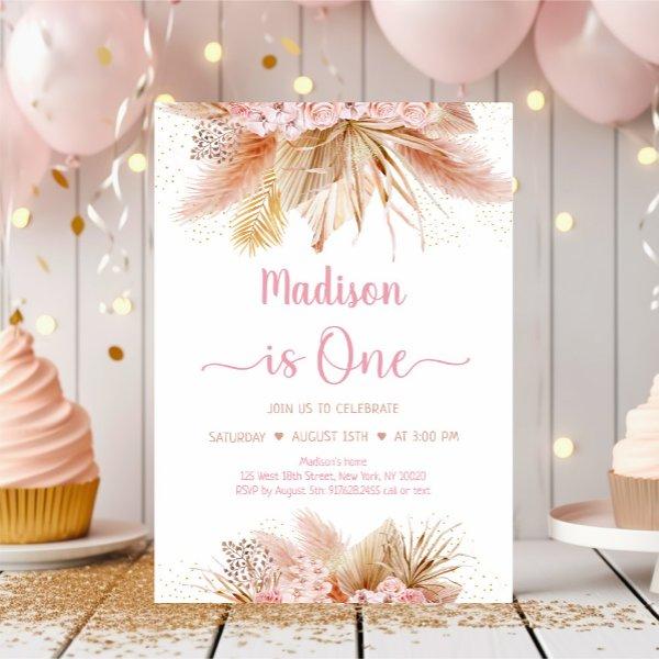 Pampas Grass Boho Pink Floral First Birthday