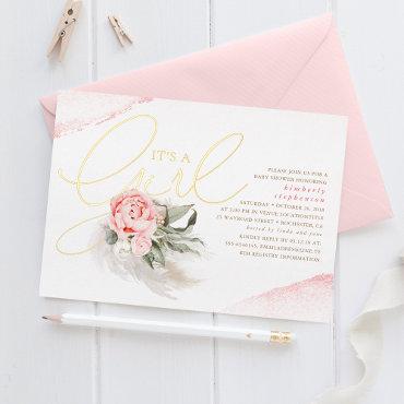 Pampas Grass Pink Floral Cute Baby Shower Real Foil