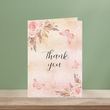 Pampas grass rose gold florals boho thank you card