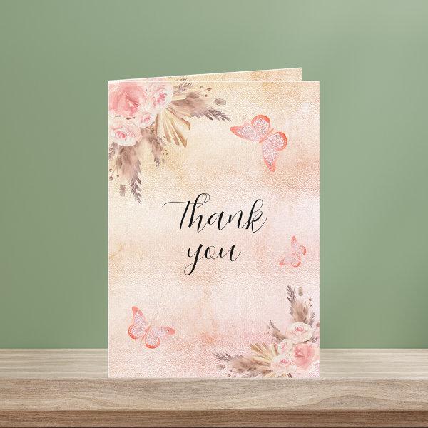 Pampas grass rose gold florals boho thank you card