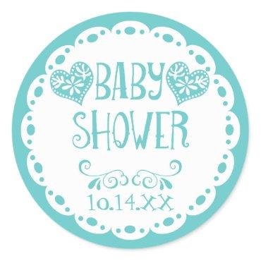 Papel Picado Baby Shower Aqua Blue Fiesta Envelope Classic Round Sticker