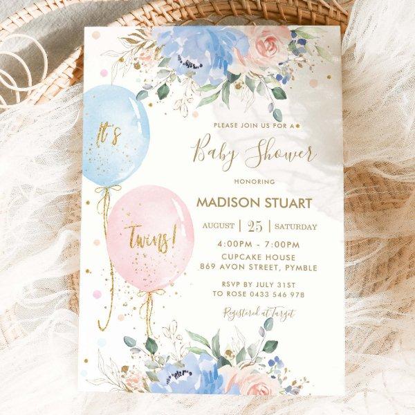 Pastel Blue Pink Floral Balloons Twins