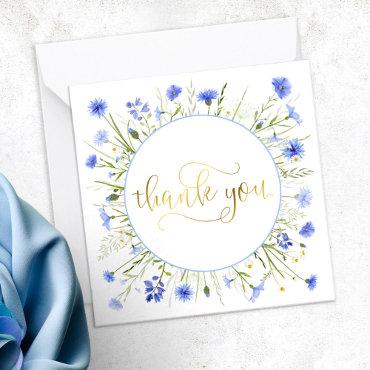 Pastel Blue Wildflower Gold Script Thank You Note Card