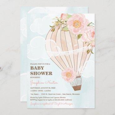 Pastel Hot Air Balloon Girl Baby Shower Invitation