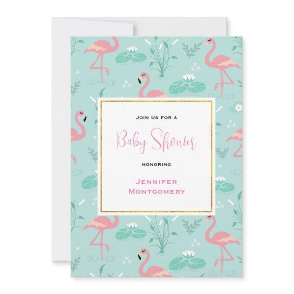 Pastel Pink Flamingos on Green Pattern