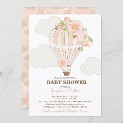 Pastel Pink Hot Air Balloon Girl Baby Shower Invitation