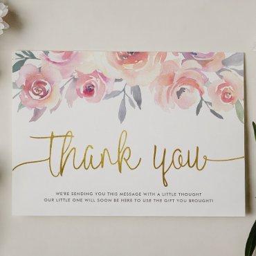 Pastel Pink Roses & Greenery Chic Baby Shower Thank You Card