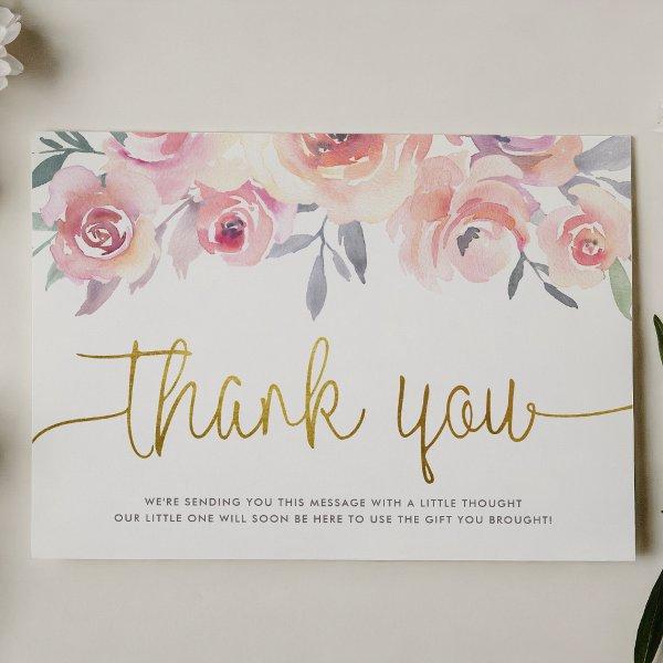 Pastel Pink Roses & Greenery Chic Baby Shower Thank You Card