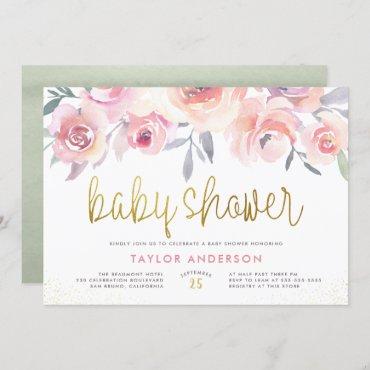 Pastel Pink Roses & Greenery Gold Chic Baby Shower Invitation
